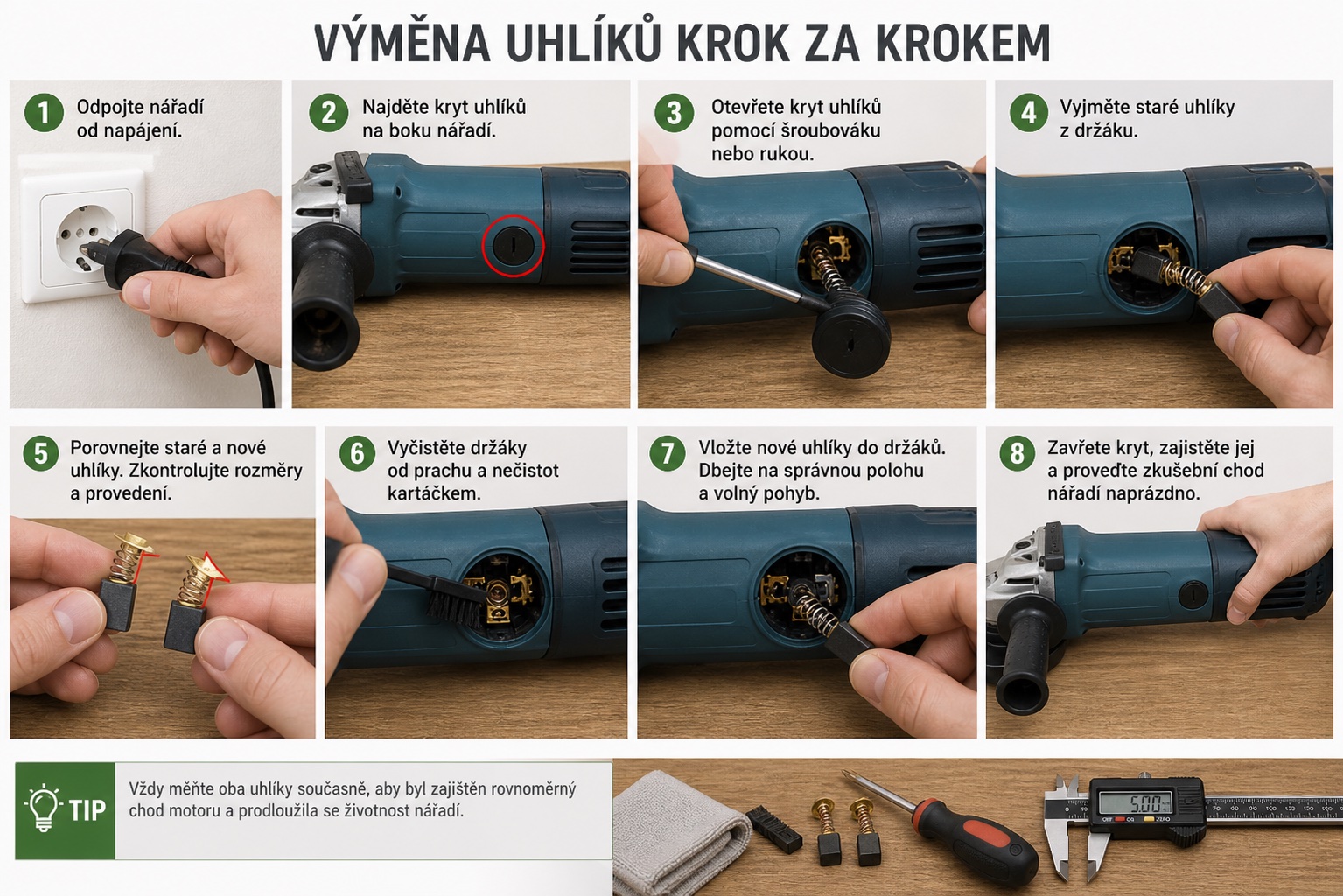 Postup výměny uhlíků krok za krokem